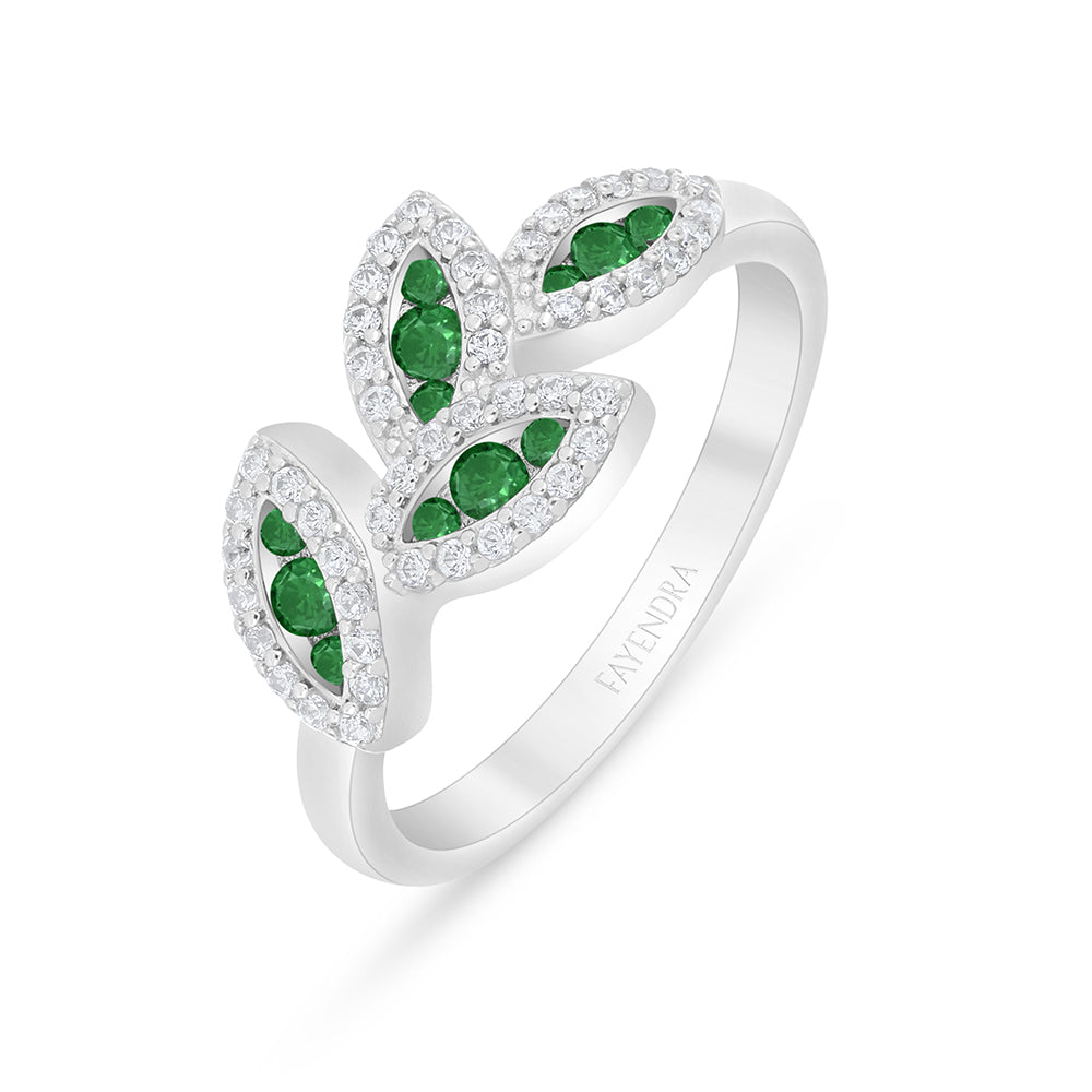 Sterling Silver 925 Ring Rhodium Plated Embedded With Emerald Zircon And White Zircon