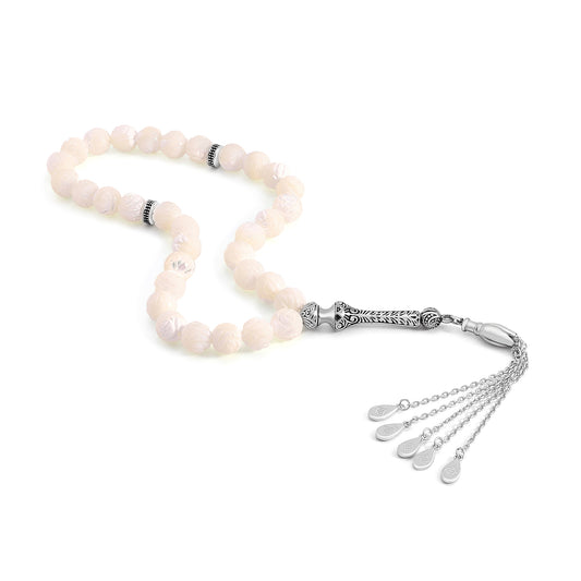 White Shell Rosary 33 Round Beads 10 mm Whit Stainless Steel 316L Set (Silver & Black Plated)