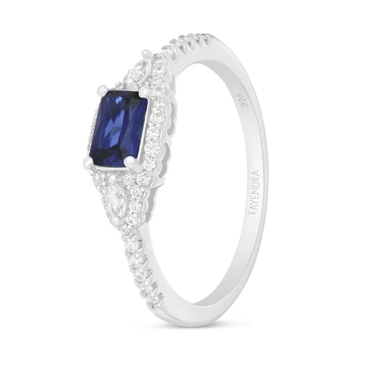 Sterling Silver 925 Ring Rhodium Plated Embedded With Sapphire Corundum And White Zircon