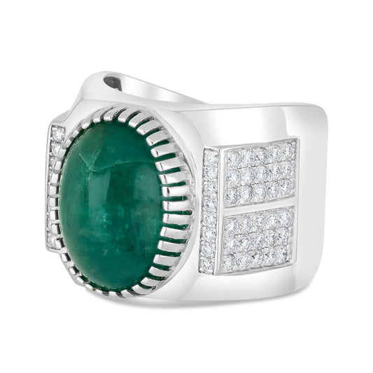 خاتم رجالي عيار 925 مطلي روديوم مرصع بحجر الزمرد الطبيعي و الالماس الطبيعي سي في دي جودة في في اس