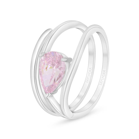Sterling Silver 925 Ring Rhodium Plated Embedded With Pink Zircon And White Zircon