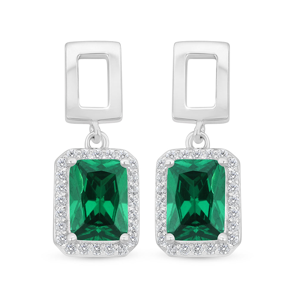 Sterling Silver 925 Earring Rhodium Plated Embedded With Emerald Zircon And White Zircon