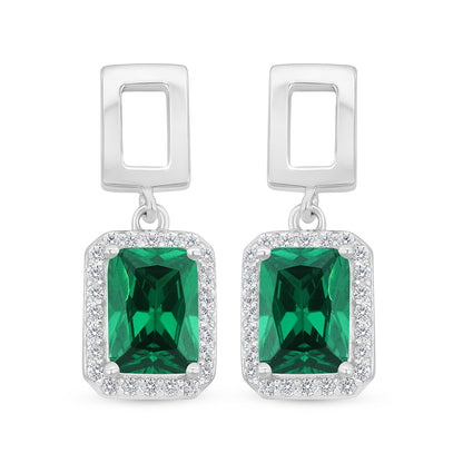 Sterling Silver 925 Earring Rhodium Plated Embedded With Emerald Zircon And White Zircon