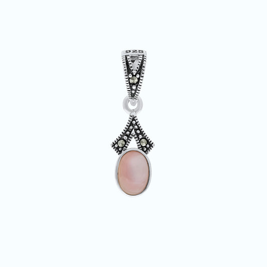 Sterling Silver 925 Pendant Embedded With Natural Pink Shell And Marcasite Stones