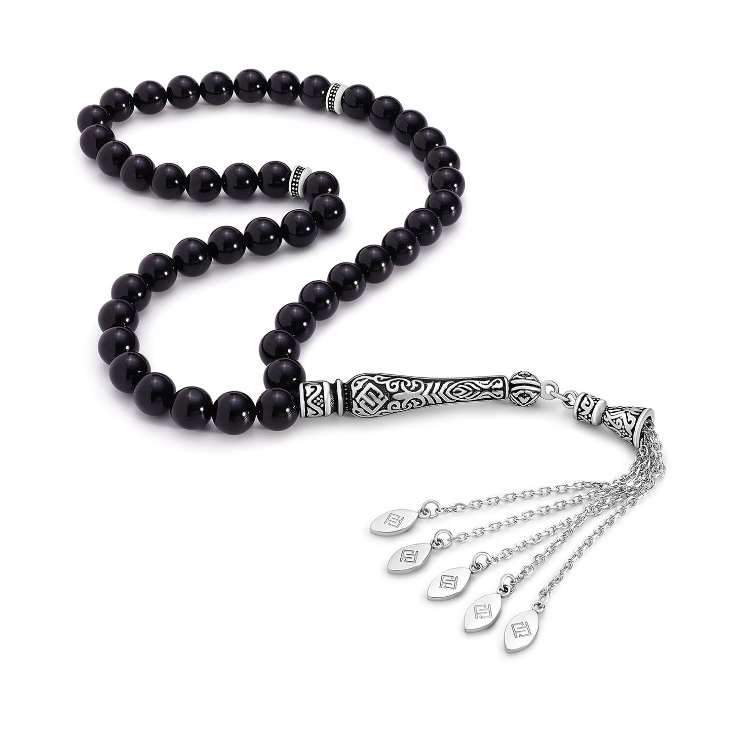 Black Agete Rosary 45 Round Beads 8 mm With Stainless Steel 316L Set (Silver & Black Plated)