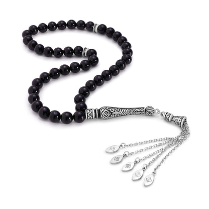 Black Agete Rosary 45 Round Beads 8 mm With Stainless Steel 316L Set (Silver & Black Plated)