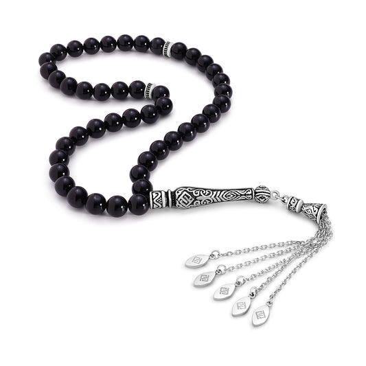 Black Agete Rosary 45 Round Beads 8 mm With Stainless Steel 316L Set (Silver & Black Plated)