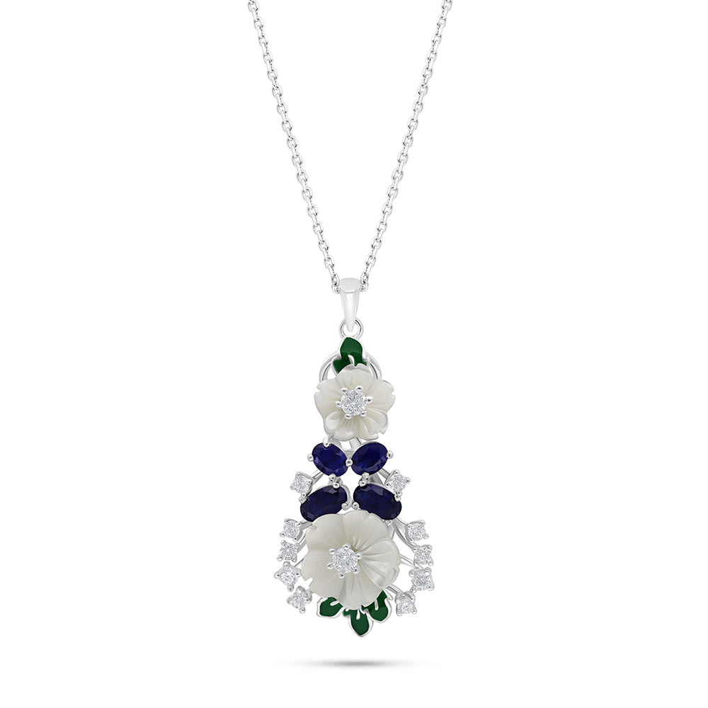 Sterling Silver 925 Necklace Rhodium Plated Embedded With White Shell And Sapphire Corundum And White Zircon