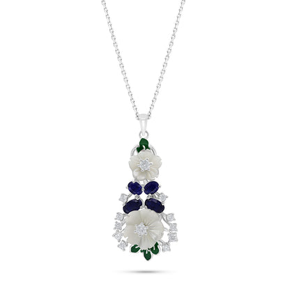 Sterling Silver 925 Necklace Rhodium Plated Embedded With White Shell And Sapphire Corundum And White Zircon