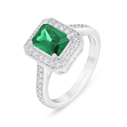 Sterling Silver 925 Ring Rhodium Plated Embedded With Emerald Zircon And White Zircon