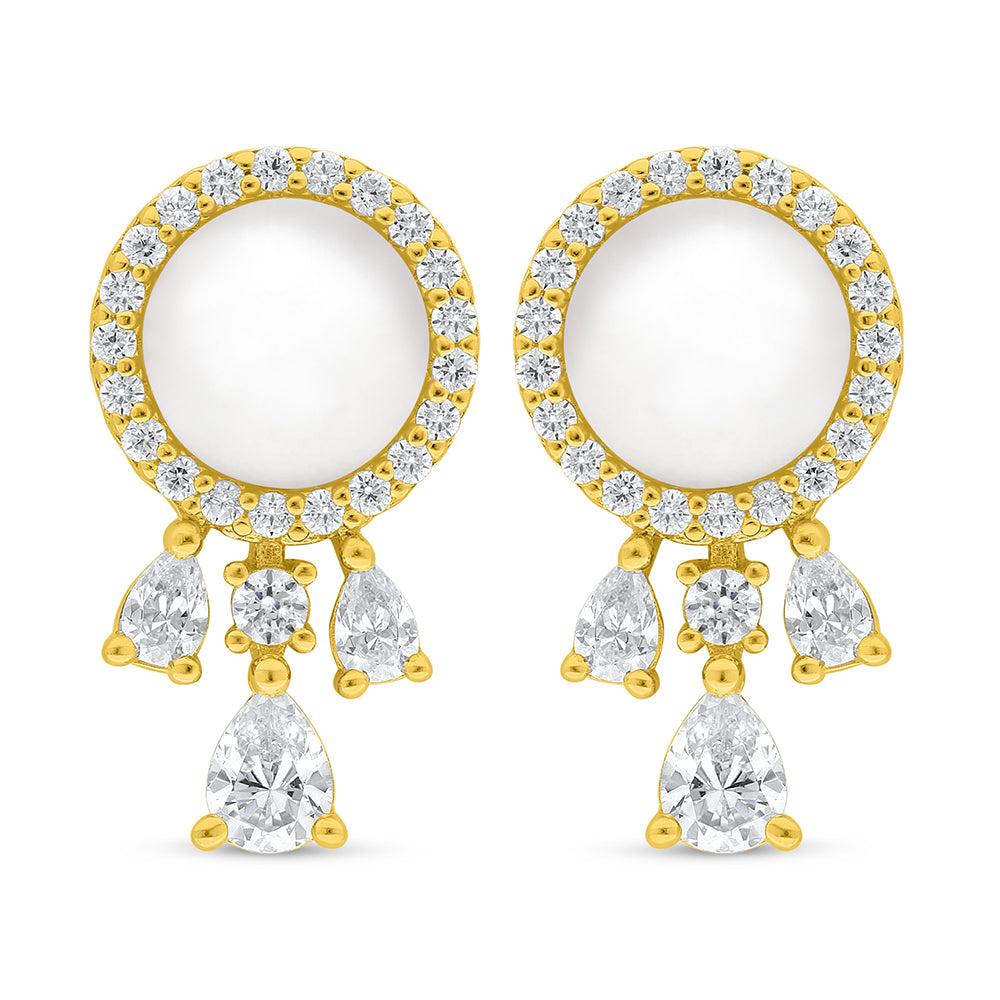 Sterling Silver 925 Earring Gold Plated Embedded With Natural White Pearl And  White Zircon