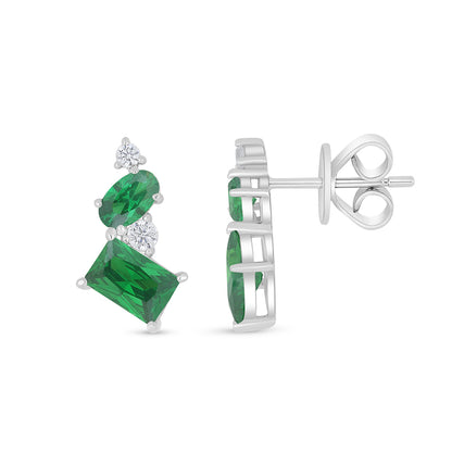 Sterling Silver 925 Earring Rhodium Plated Embedded With Emerald Zircon And White Zircon