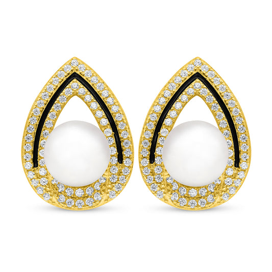 Sterling Silver 925 Earring Golden Plated Embedded With Natural White Pearl And White Zircon