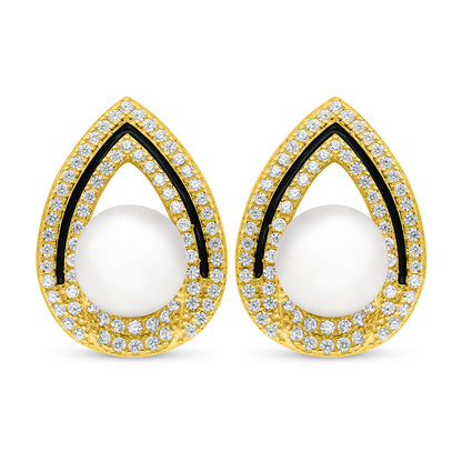 Sterling Silver 925 Earring Golden Plated Embedded With Natural White Pearl And White Zircon