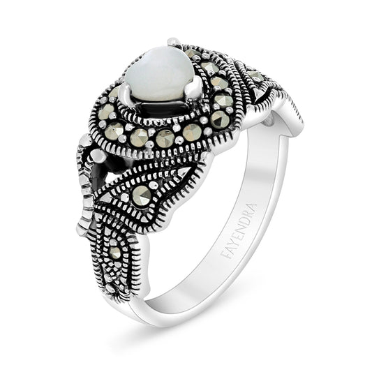 Sterling Silver 925 Ring Embedded With Natural White Shell And Marcasite Stones