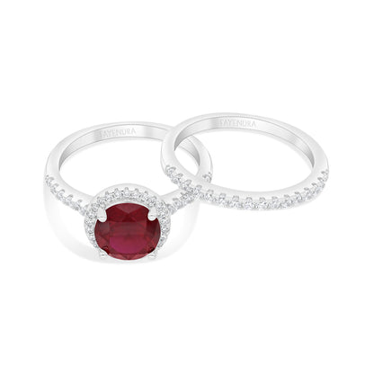 Sterling Silver 925 Ring (Twins) Rhodium Plated Embedded With Ruby Corundum And White Zircon