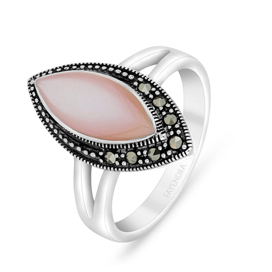 Sterling Silver 925 Ring Embedded With Natural Pink Shell And Marcasite Stones