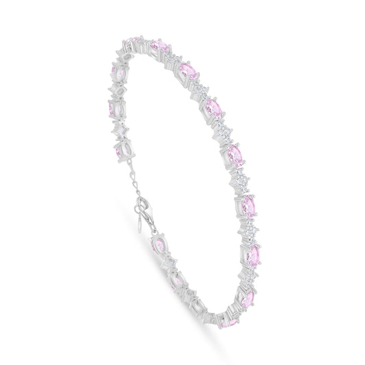 Sterling Silver 925 Bracelet Rhodium Plated Embedded With Pink Zircon And White Zircon