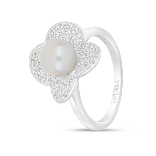 Sterling Silver 925 Ring Rhodium Plated Embedded With Natural White Pearl And White Zircon