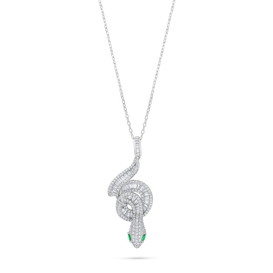 Sterling Silver 925 Necklace Rhodium Plated Embedded With Emerald Zircon And White Zircon