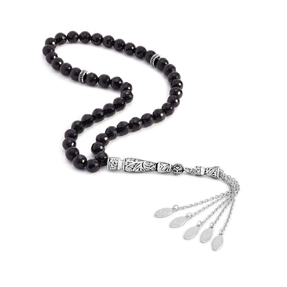 سبحة 45 احجار عقيق اسود بيلية 8 مم Faceted طقم ستانلس ستيل عيار 316L مطلى فضي واسود
