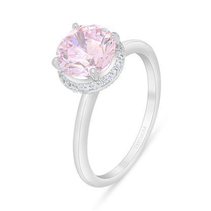 Sterling Silver 925 Ring Rhodium Plated Embedded With Pink Zircon And White Zircon