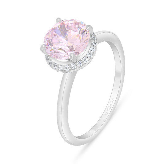 Sterling Silver 925 Ring Rhodium Plated Embedded With Pink Zircon And White Zircon