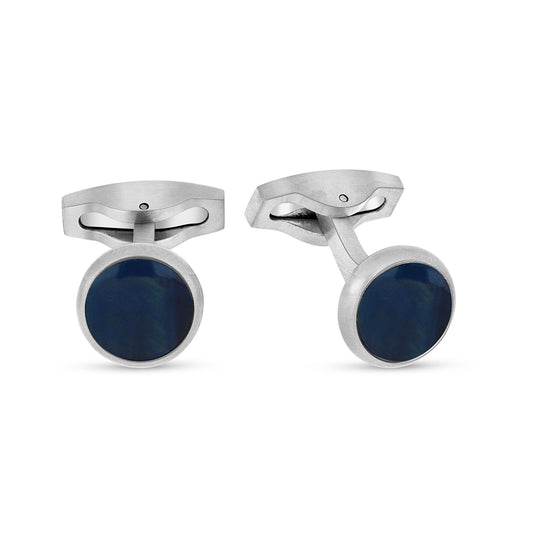 Stainless Steel Cufflink 316L Silver Color Embedded With Blue Tiger Eye Shiny Steel