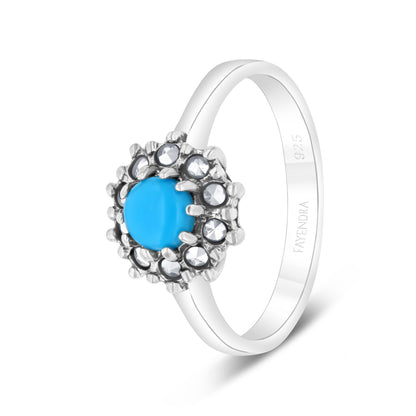 Sterling Silver 925 Ring Embedded With Natural Processed Turquoise And Marcasite Stones