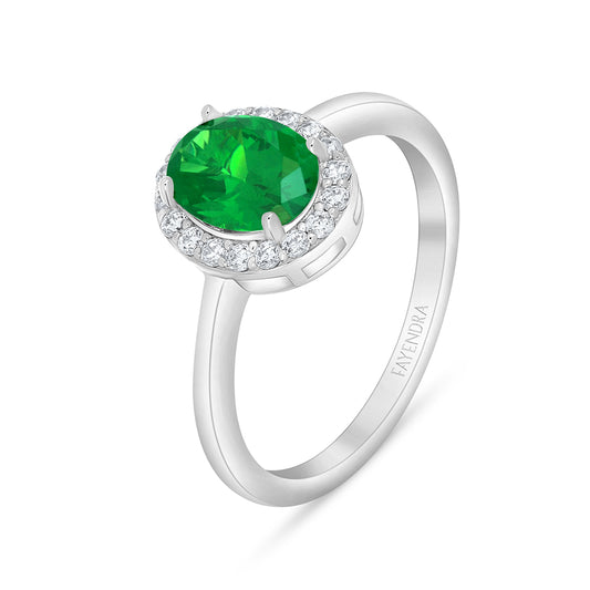 Sterling Silver 925 Ring Rhodium Plated Embedded With Emerald Zircon And White Zircon