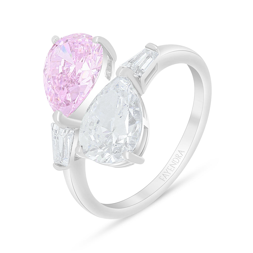 Sterling Silver 925 Ring Rhodium Plated Embedded With Pink Zircon And White Zircon