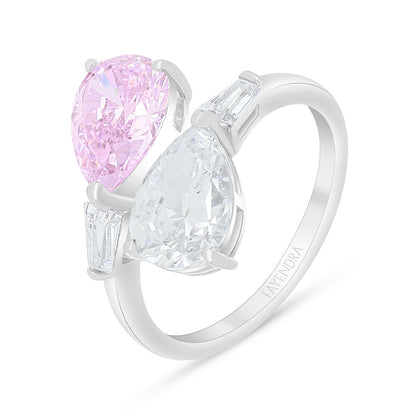 Sterling Silver 925 Ring Rhodium Plated Embedded With Pink Zircon And White Zircon