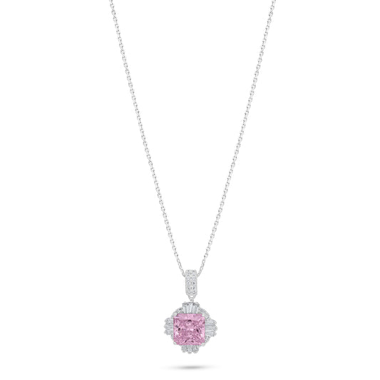 Sterling Silver 925 Necklace Rhodium Plated Embedded With Pink Zircon And White Zircon
