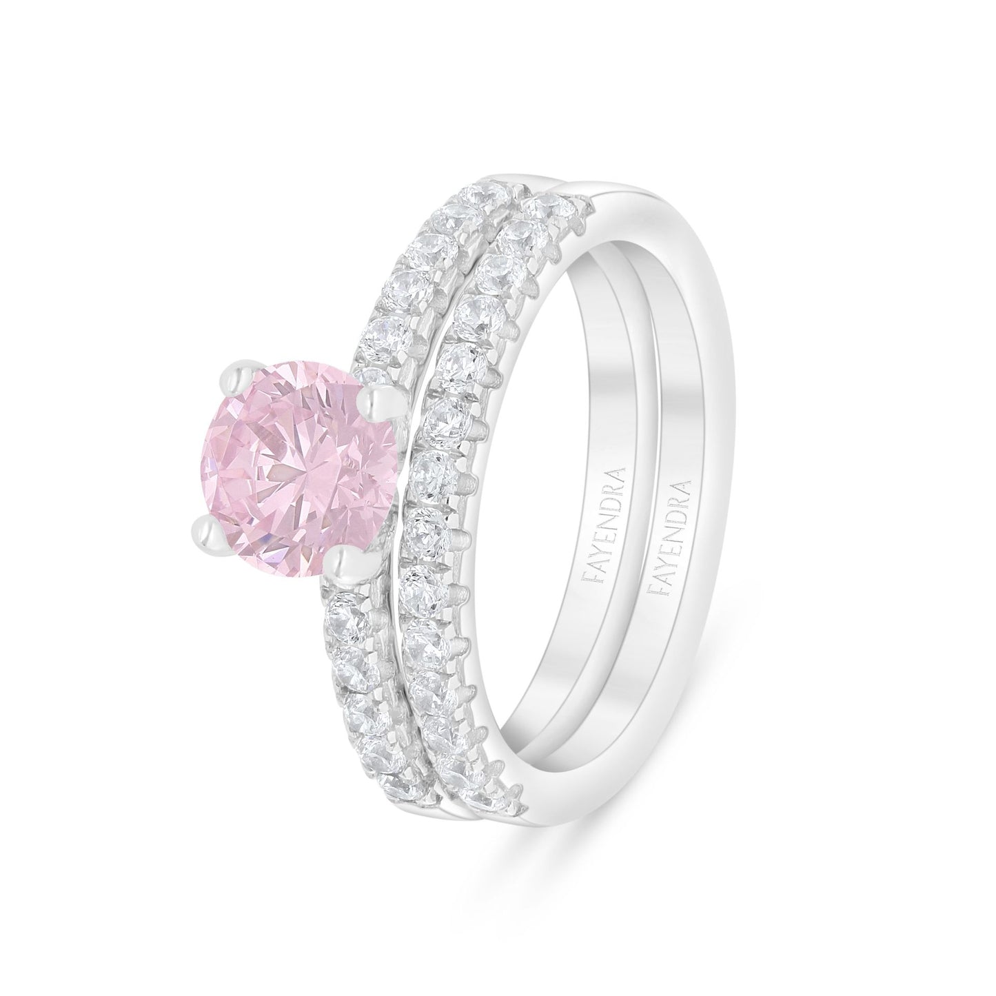 Sterling Silver 925 Ring (Twins) Rhodium Plated Embedded With Pink Zircon And White Zircon