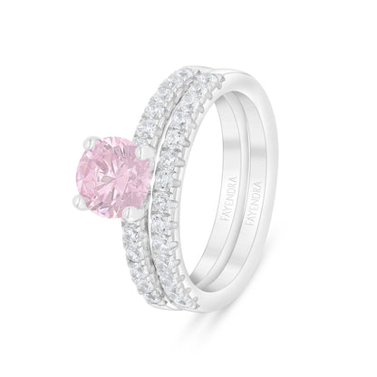 Sterling Silver 925 Ring (Twins) Rhodium Plated Embedded With Pink Zircon And White Zircon