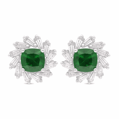Sterling Silver 925 Earring Rhodium Plated Embedded With Emerald Zircon And White Zircon