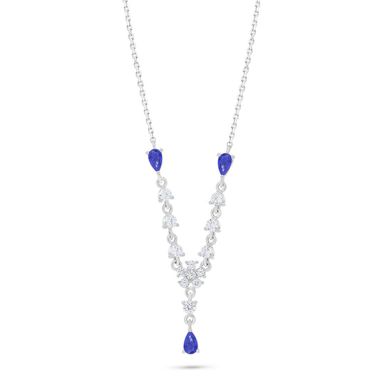 Sterling Silver 925 Necklace Rhodium Plated Embedded With Sapphire Corundum And White Zircon