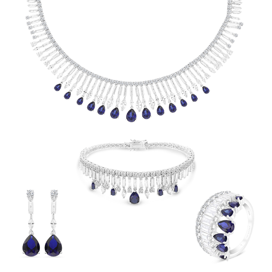 Sterling Silver 925 Set Rhodium Plated Sapphire Corundum