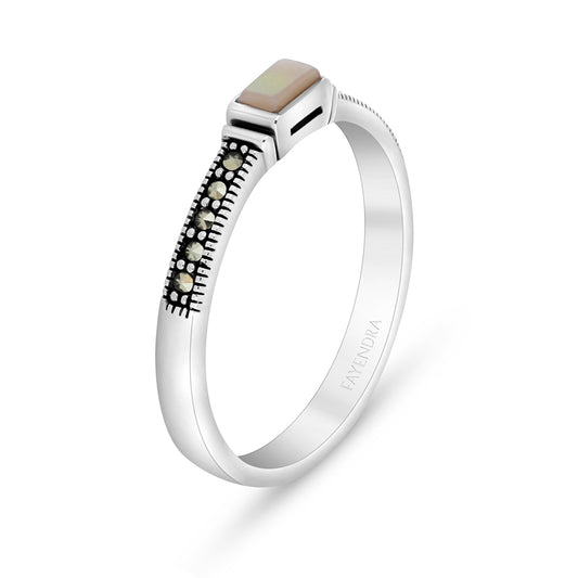 Sterling Silver 925 Ring Embedded With Natural Pink Shell And Marcasite Stones