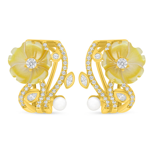 Sterling Silver 925 Earring Golden Plated Embedded With Natural White Pearl And Yellow Shell And White Zircon