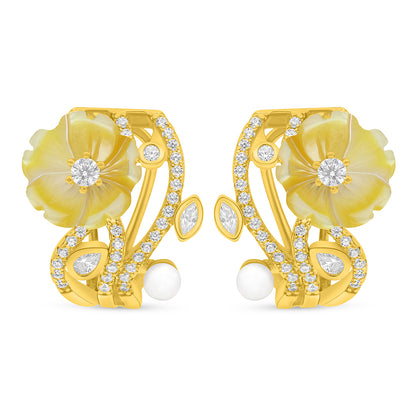 Sterling Silver 925 Earring Golden Plated Embedded With Natural White Pearl And Yellow Shell And White Zircon