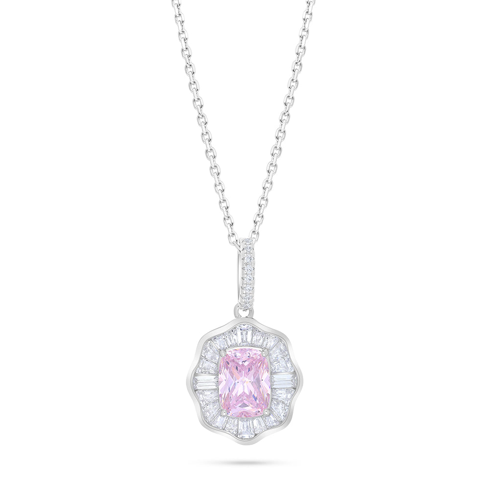 Sterling Silver 925 Necklace Rhodium Plated Embedded With Pink Zircon And White Zircon