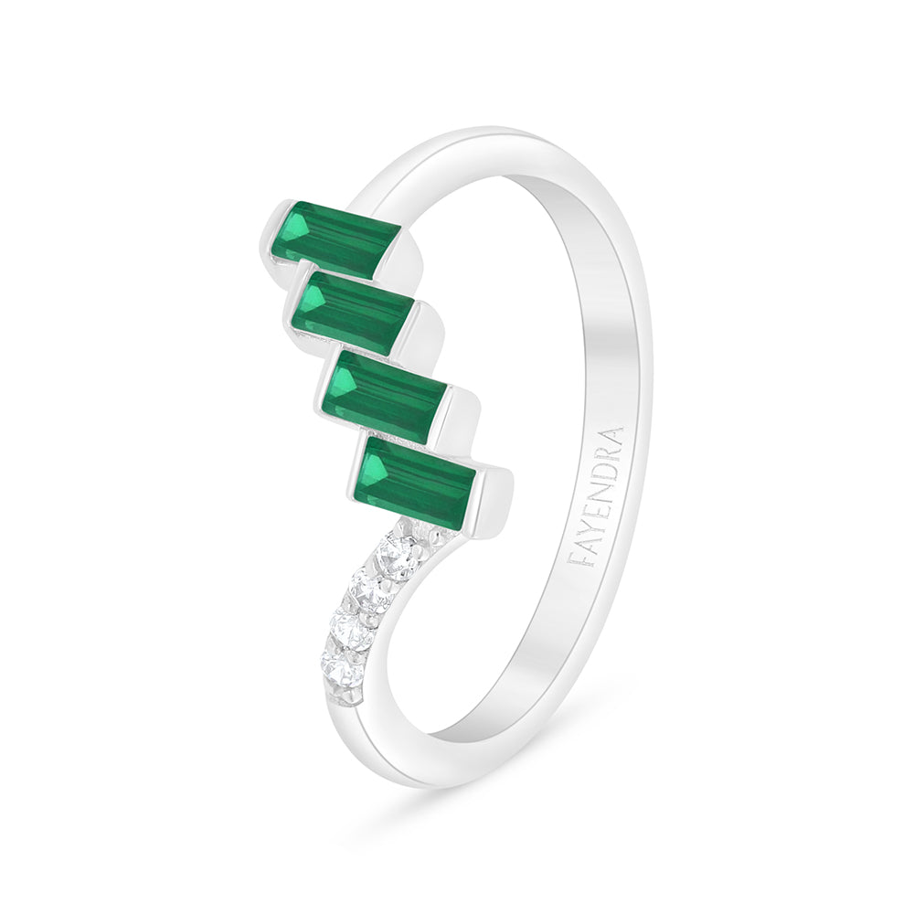 Sterling Silver 925 Ring Rhodium Plated Embedded With Emerald Zircon And White Zircon