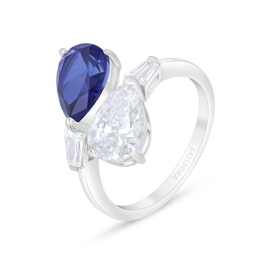 Sterling Silver 925 Ring Rhodium Plated Embedded With Sapphire Corundum And White Zircon