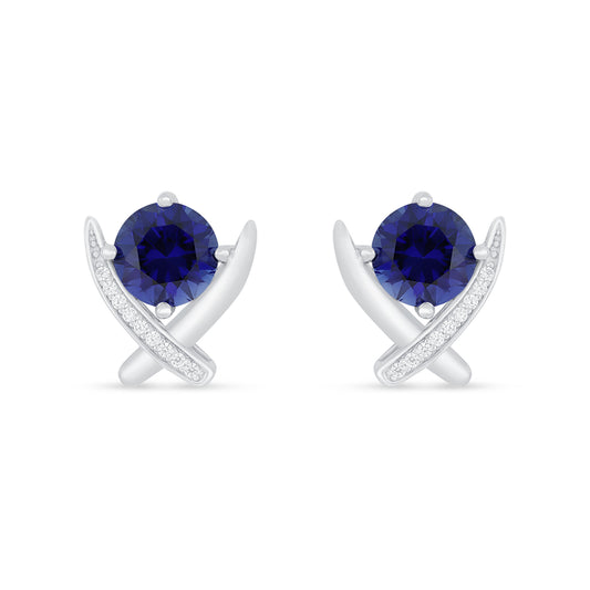 Sterling Silver 925 Earring Rhodium Plated Embedded With Sapphire Corundum And White Zircon