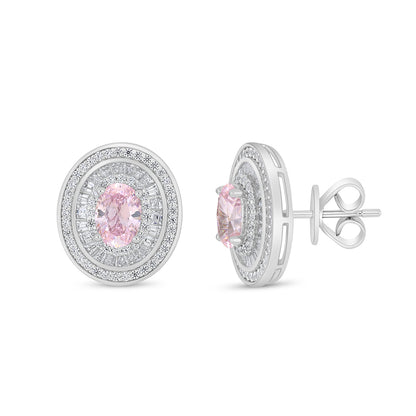 Sterling Silver 925 Earring Rhodium Plated Embedded With Pink Zircon And White Zircon