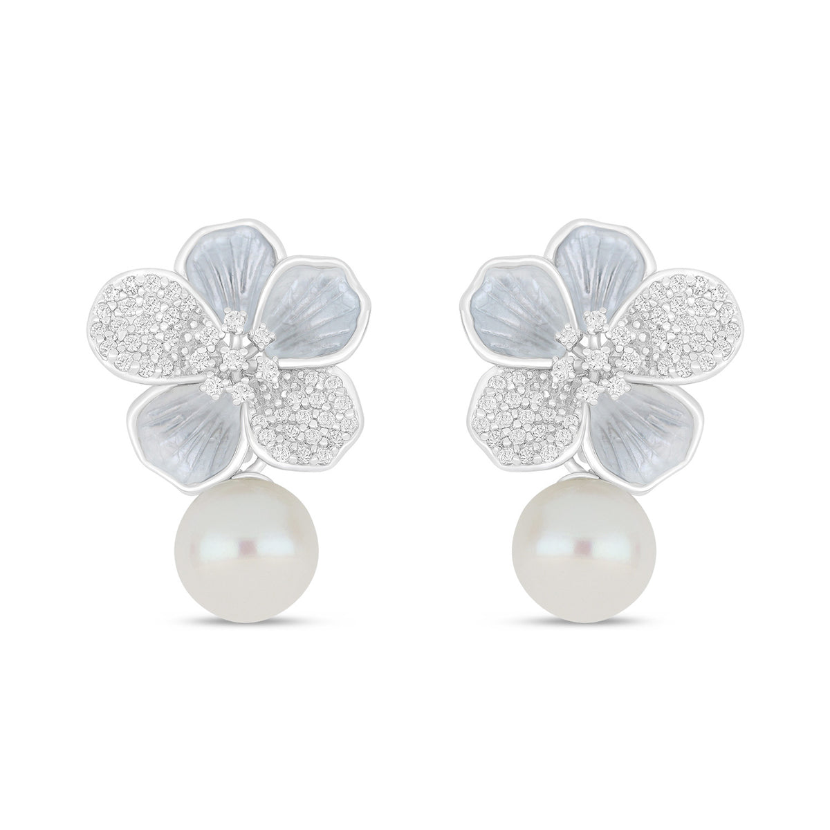 Sterling Silver 925 Earring Rhodium Plated Embedded With Natural White Pearl And White Zircon