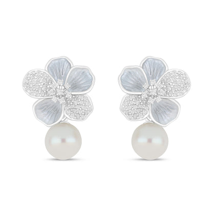 Sterling Silver 925 Earring Rhodium Plated Embedded With Natural White Pearl And White Zircon