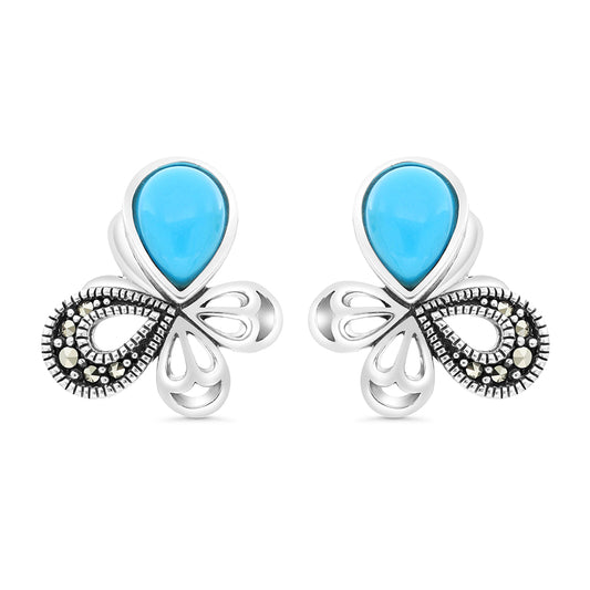 Sterling Silver 925 Earring Embedded With Natural Processed Turquoise And Marcasite Stones