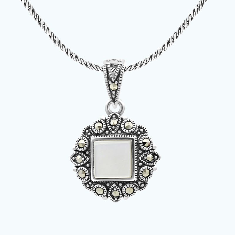 Sterling Silver 925 Pendant Embedded With Natural White Shell And Marcasite Stones